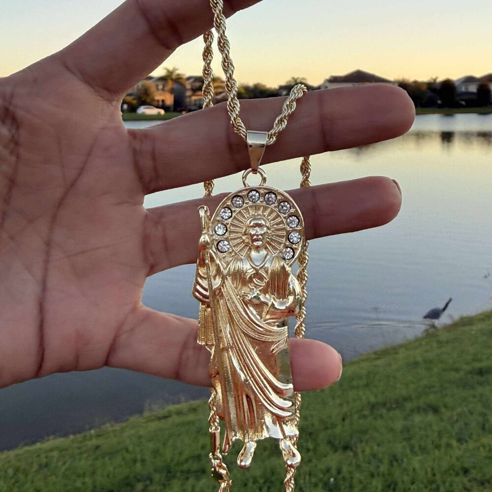 San Judas Tadeo Pendant Necklace 14K GP Religious Rope Torch Chain